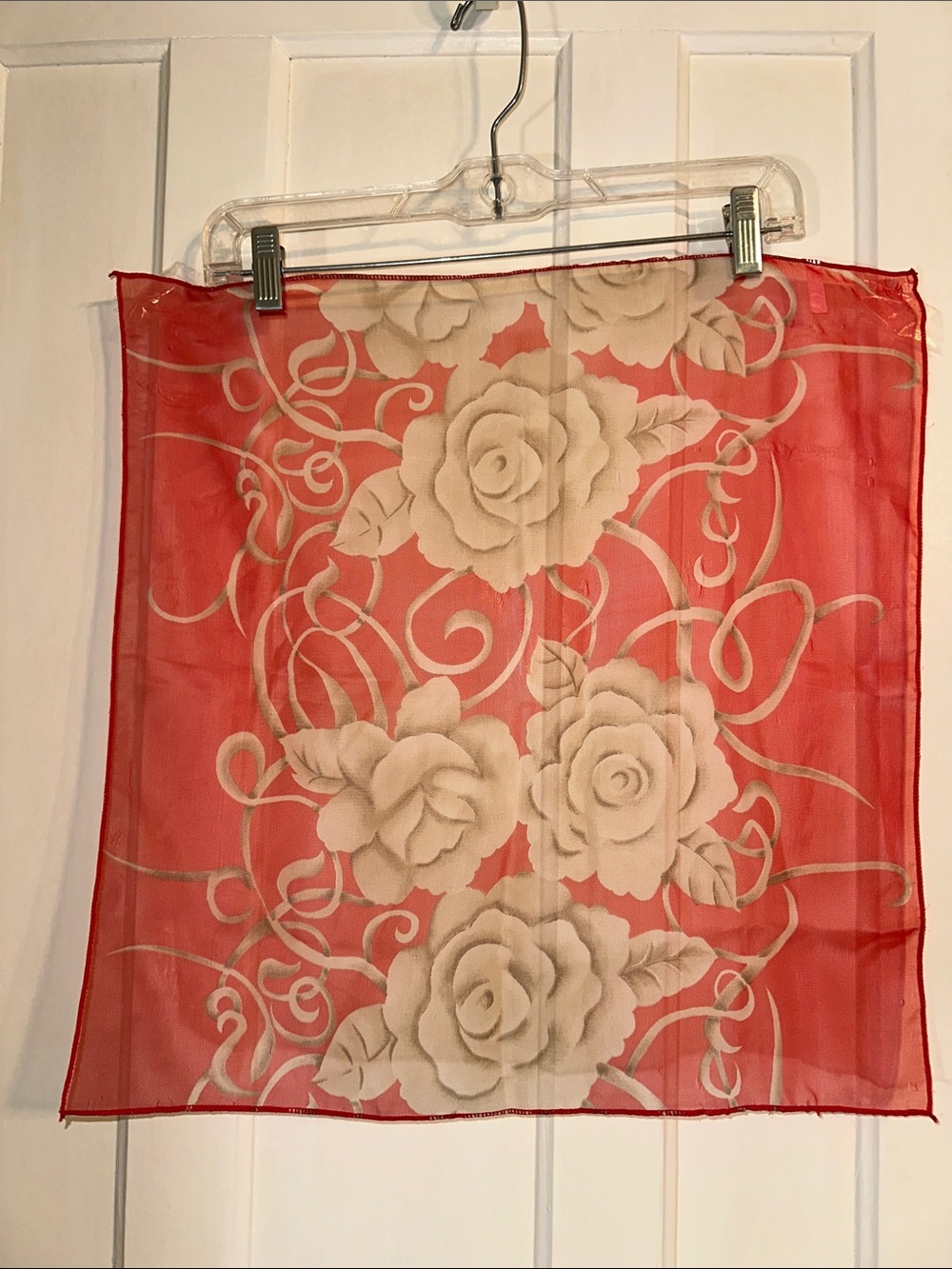 Vintage Sheer Chiffon Polyester Red Coral Floral Scarf with Tan Rose Motif